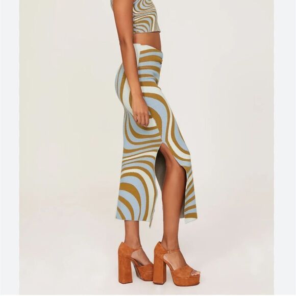 RHODE Ettie Floral Knit Midi Skirt Blue Brown Maxi Pencil Skirt Slit NWT L - Picture 5 of 12